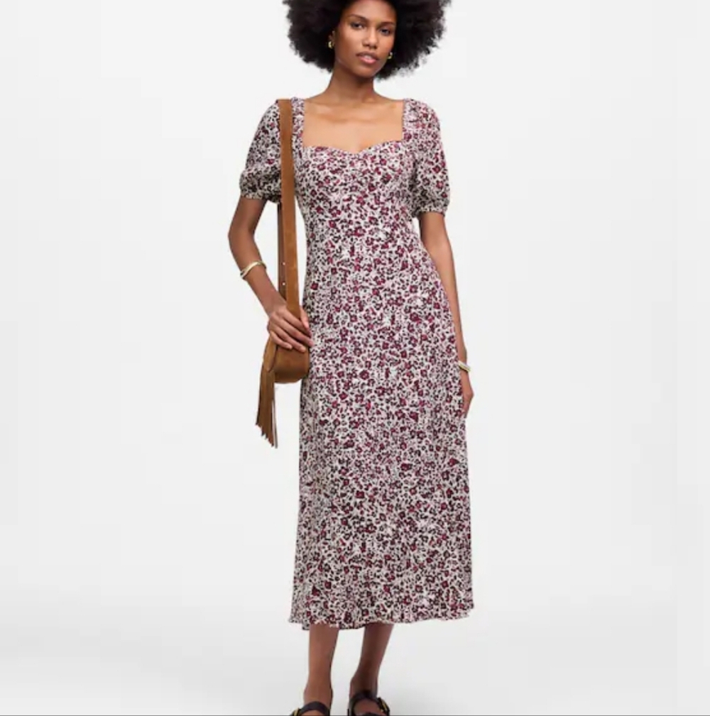 Madewell Puff Sleeve Sweetheart Midi Dress in Floral  NV754 Size 2 NWT